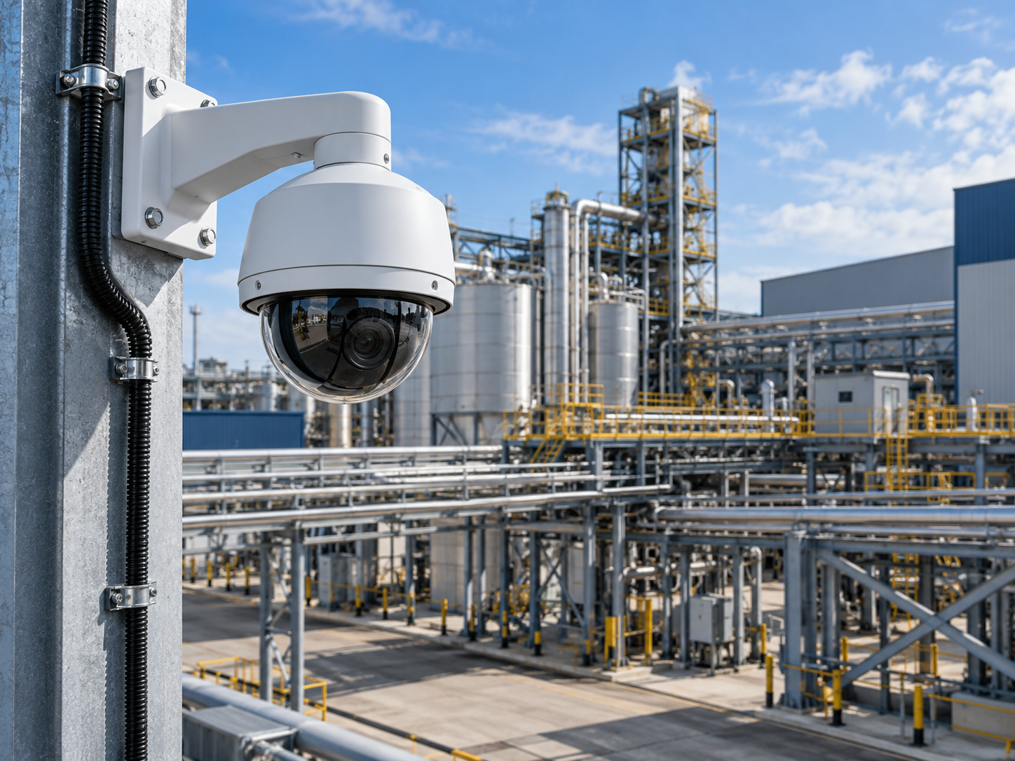 Câmera de segurança PTZ instalada em uma planta industrial
