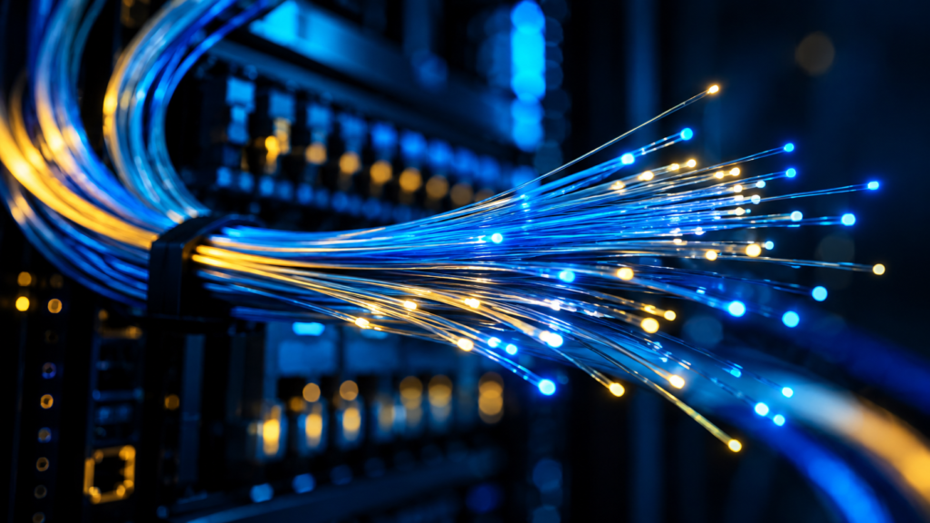 Rede de fibra óptica com iluminação azul e amarela