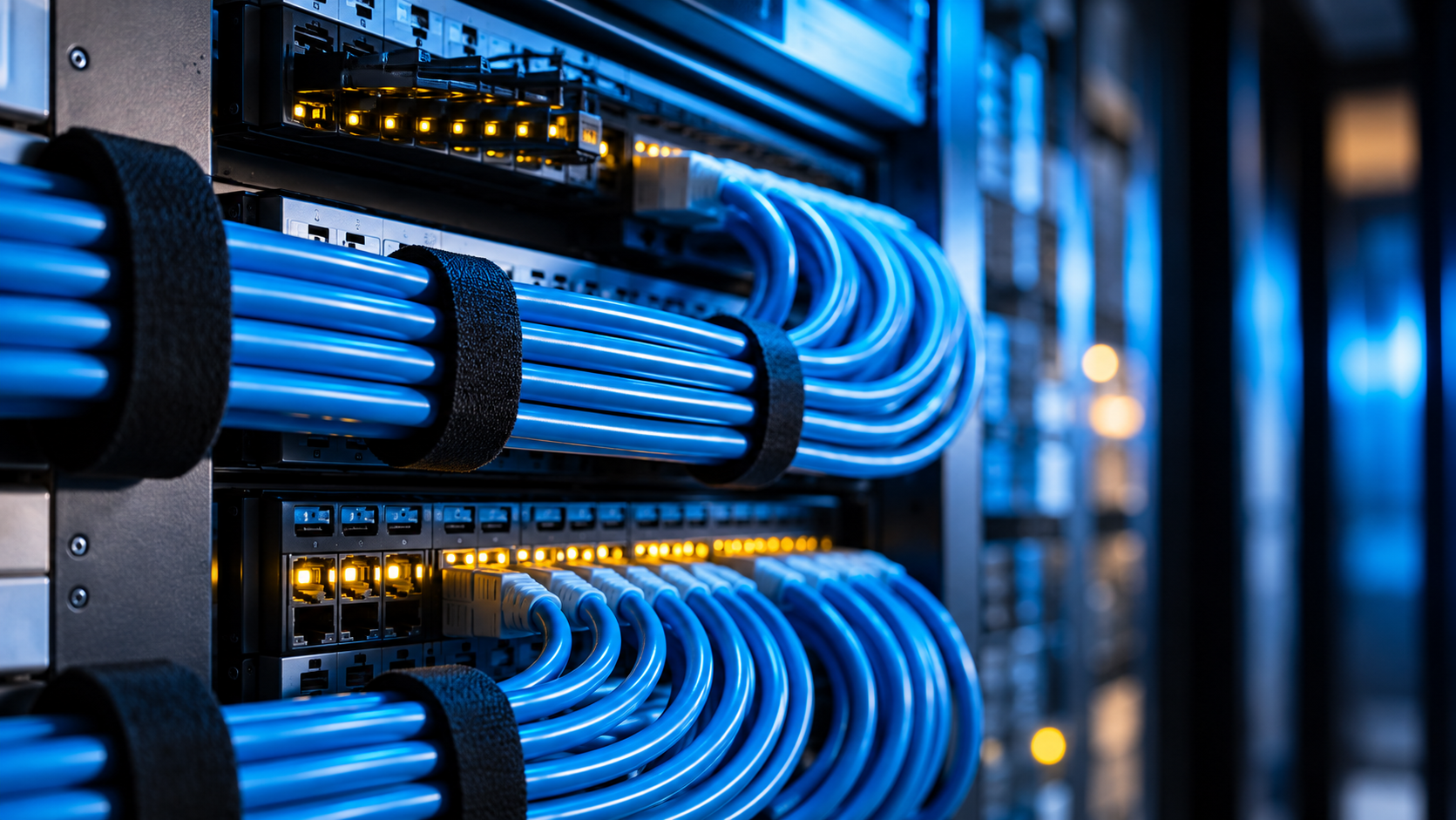 Rack de rede com cabeamento estruturado azul organizado
